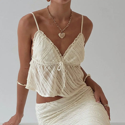 Saki Y2K See-through Ruffled V-Neck Bow Tied Shoulder Backless Crop Top Cami