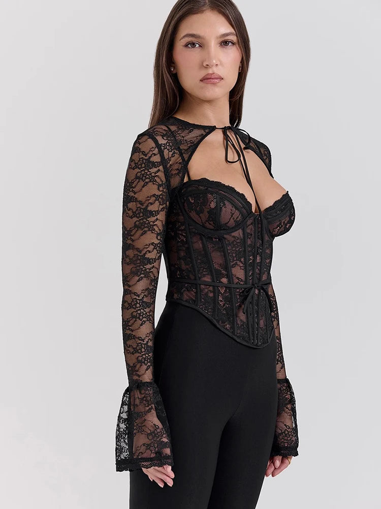 JULI MO See Through Lace Two Piece Sets Tops Long Sleeve