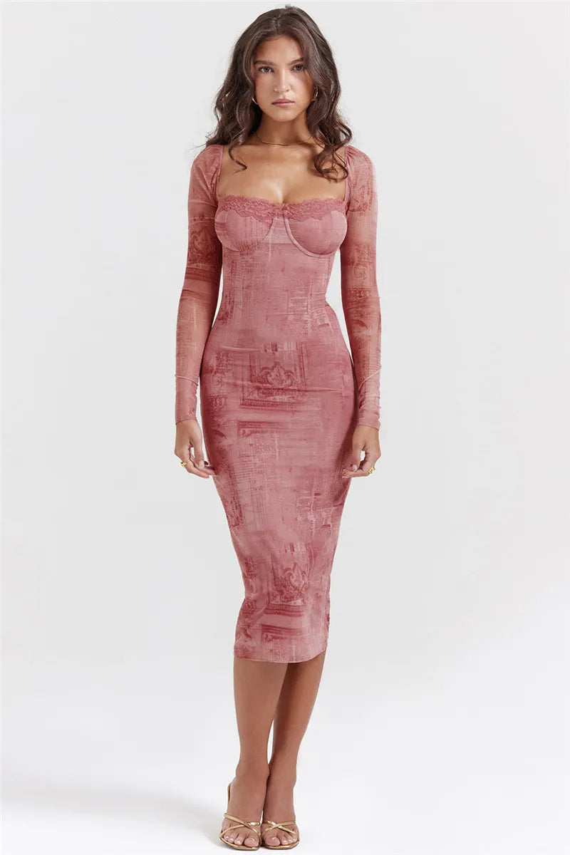 Muse Square Collar Long Sleeve Print Mid Dress