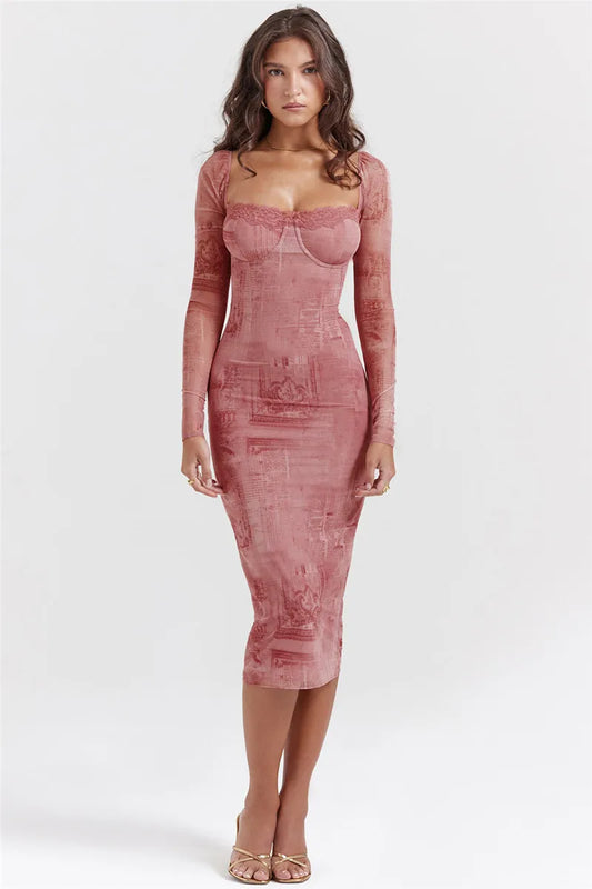 Muse Square Collar Long Sleeve Print Mid Dress