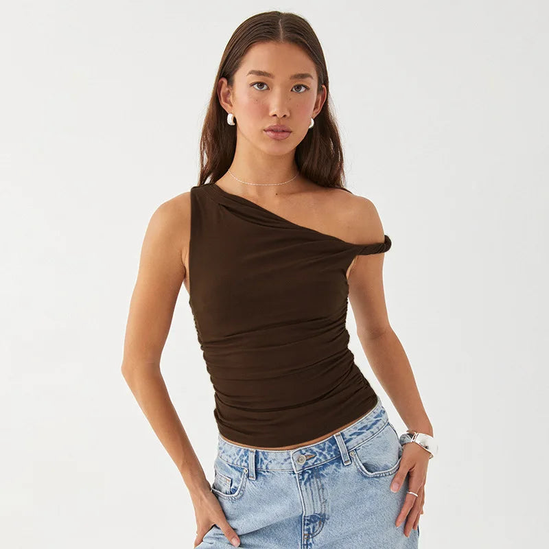 BC Simple Basic Sleeveless Off Shoulder Side Ruched Tops