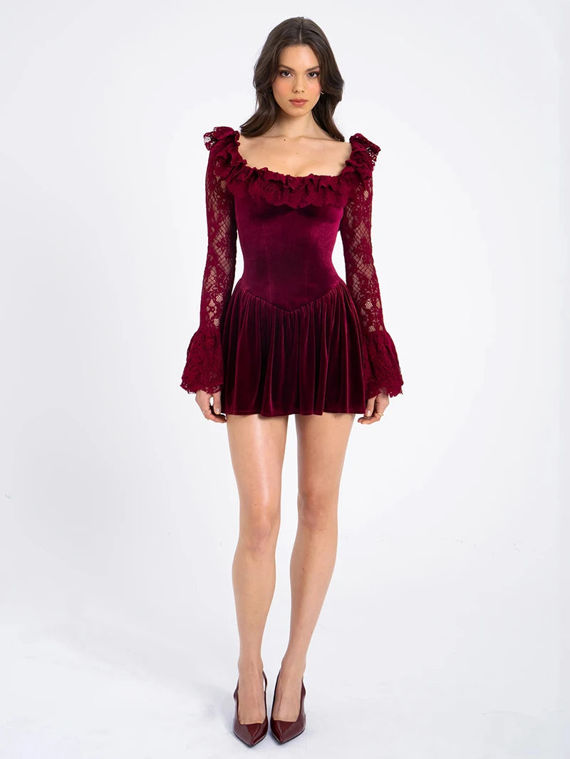 Moonla Lace Flare Long Sleeve Lace-up Square Collar Backless Dress