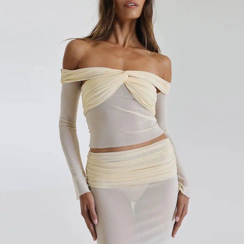 Zoey See-Through Mesh Long Skirt And Top Set