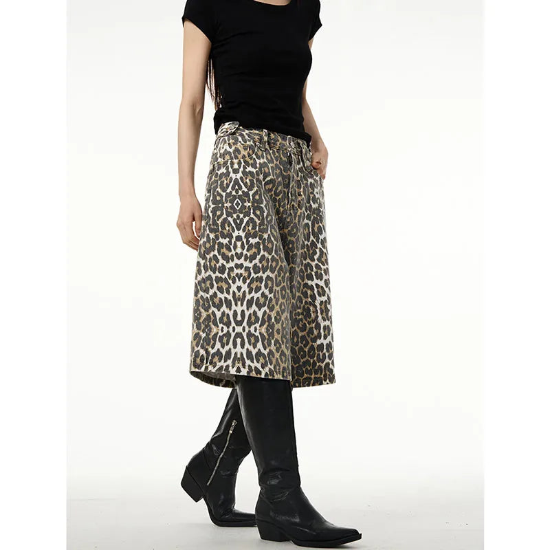 Leopard Print Shorts High Waist Jeans