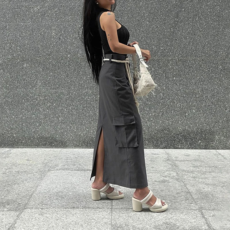 BC Button Pocket Cargo Split Long Skirt