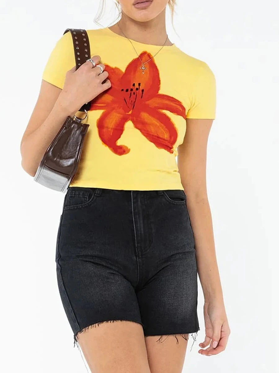 Lala Y2K Cropped Tee Tops Short Sleeve Crewneck Aesthetic Flower T-Shirt