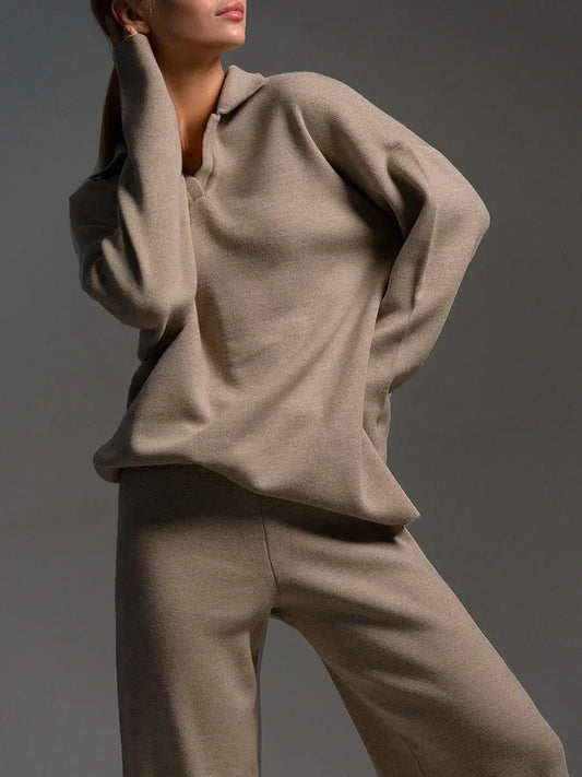 Bony Knitted Suits Soft Sets Polo Neck Sweater & Wide Leg Pants