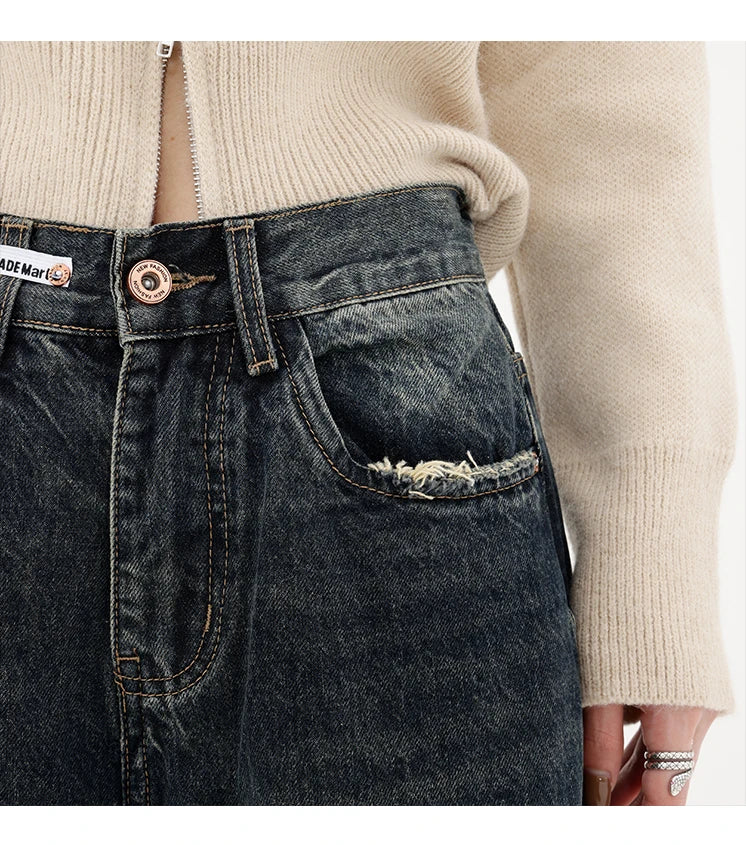 Hara Retro High Waist Loose Wide Leg Straight Loose Denim