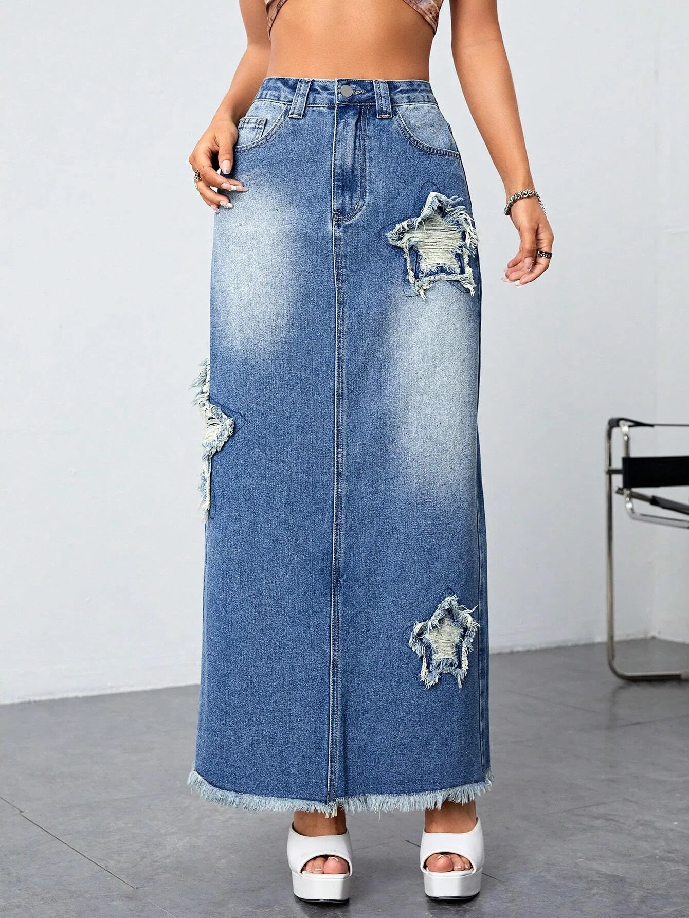 Vintage Slit Denim Baggy High Waist Skirt