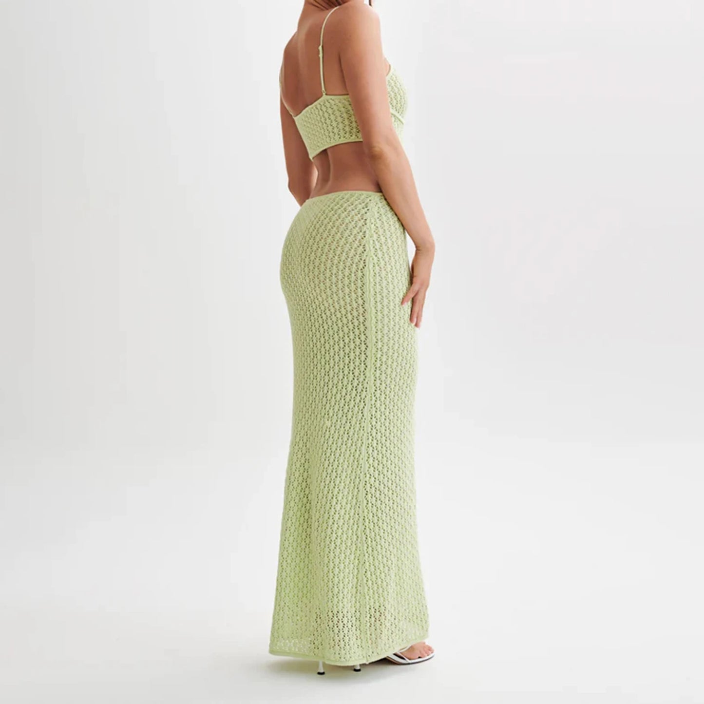 Cyndy Crochet Strap Knit Cut Out Backless See-Through Maxi Dress