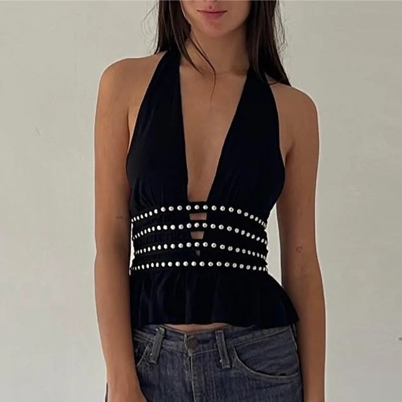 Taylor Studded Up Deep V Neck Backless Crop Top
