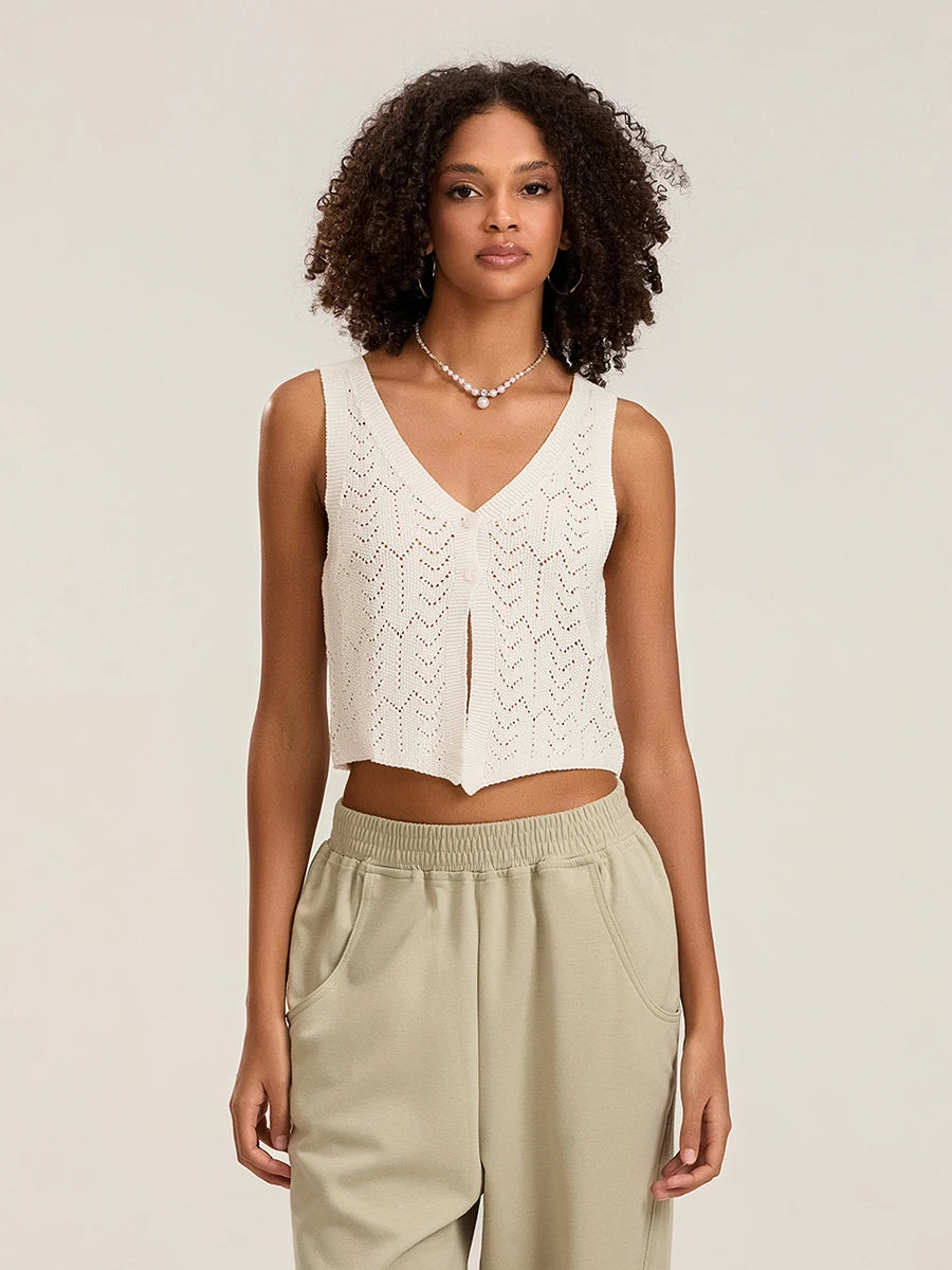 BG Summer Knitted Cutout Crop Tank Tops Sleeveless Button Sweater