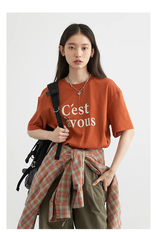 T-Shirt Loose Round Neck Contrast Letter Embroidered Tees