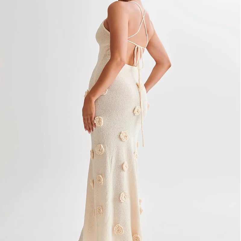 3D Flower Knitted Sling Long Dress Deep V-neck Backless Sleeveless Lace Up