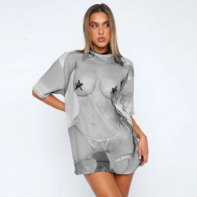 Concrete 3D Body Print O Neck Short Sleeve Oversize T-Shirt