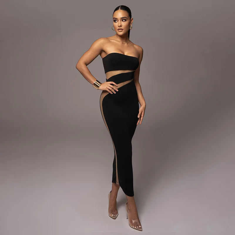 BVC Slash Neck Off Shoulder Backless Mid-Calf Dress