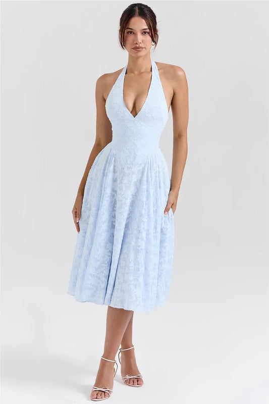 LU Deep V Neck Halter Sleeveless Backless A-line Loose Pleated  Mid Dress