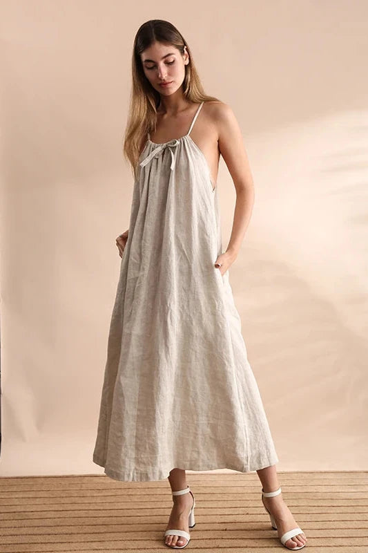 Vintage 100% Linen Halter Sleeveless Back Bandage Long Maxi Dress