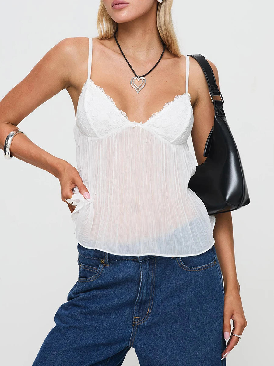 Drew Pleated Cami Mini Bowknot Front Spaghetti Strap V-Neck Lace Cropped Tops