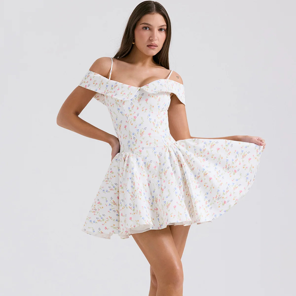 Sunheart Floral Print Off The Shoulder Tulle Dress A Line