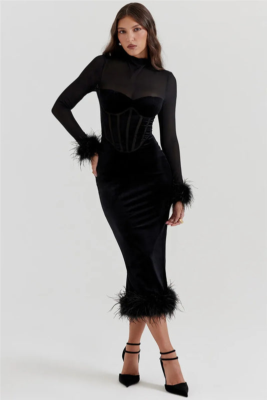 MUA Elegant Feather Sheer Long Sleeve Backless BC  Mid Dress