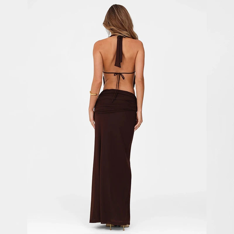 Lili Vintage Sets Off Shoulder Backless Sleeveless Halter Top With Slim Long Skirt