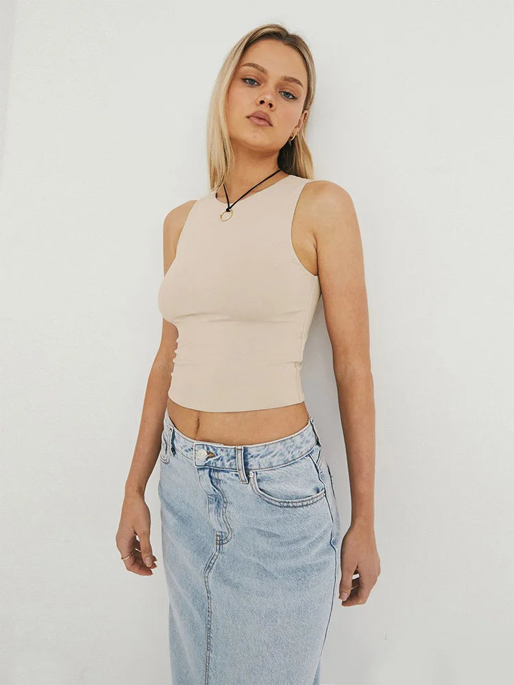Sorina Sleeveless Tight Bottomed Shirt With Round Neck Racerback Top