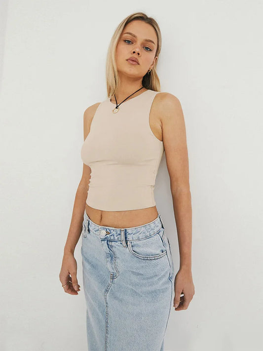 Sorina Sleeveless Tight Bottomed Shirt With Round Neck Racerback Top