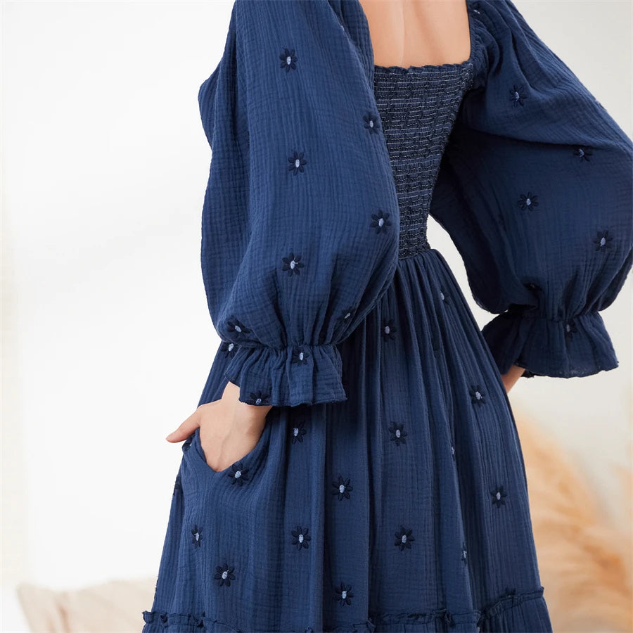 Tasha Retro Embroidered Flowers Flowy Long Puff Sleeve Square Neck Smocked A-Line Dress
