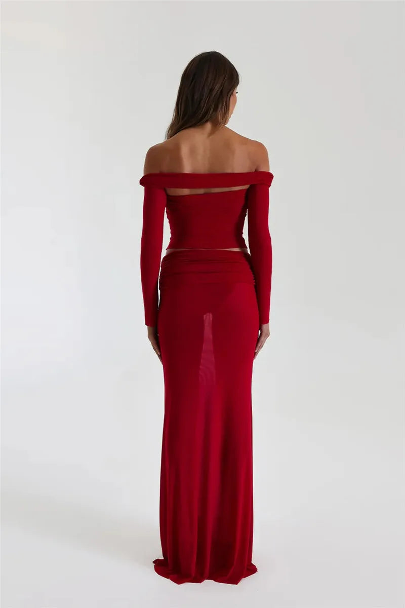 BR Off-shoulder Sheer Long Sleeve Crop Top And Long Skirt Set