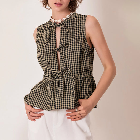 BC Classic Retro Plaids Bow Tied Front Bodydoll Tank Tops Sleeveless Round Neck Ruffle Hem