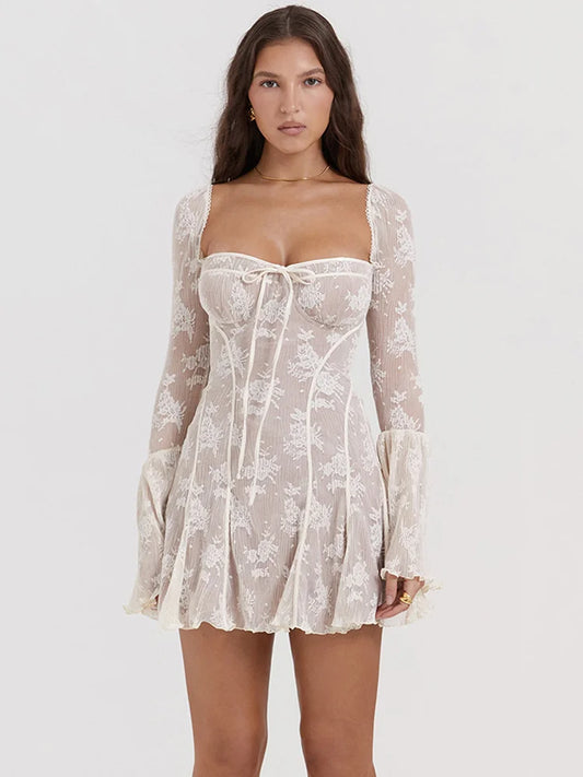 MZ Square Collar Long Sleeve Backless Loose Lace Dress