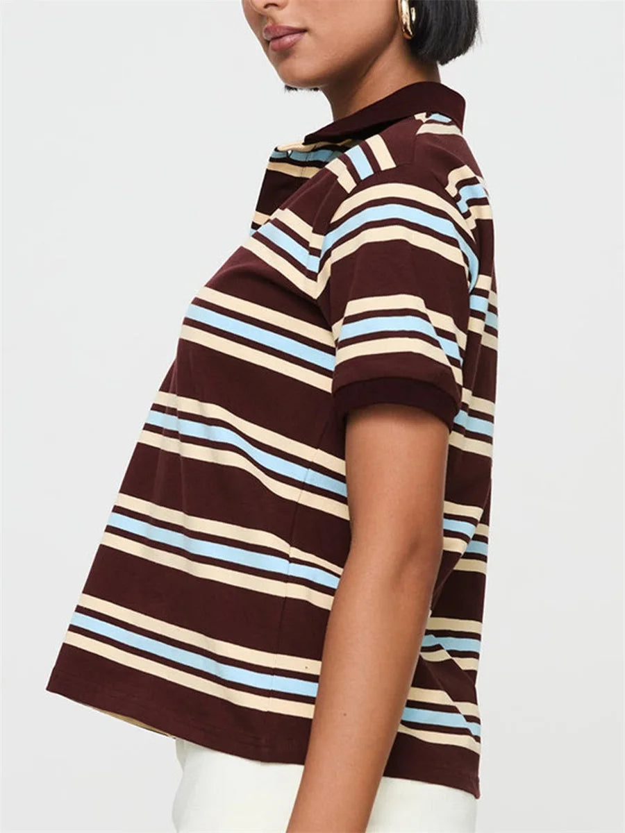 Bia Casual Striped Print Lapel Short Sleeve T-shirt