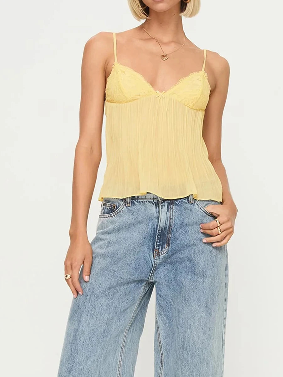 Drew Pleated Cami Mini Bowknot Front Spaghetti Strap V-Neck Lace Cropped Tops