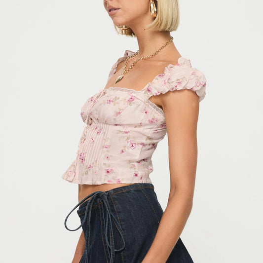 Mimi Vintage Ruffle Cap Puff Sleeve Camis Tops Lace Trim Square Neck Floral