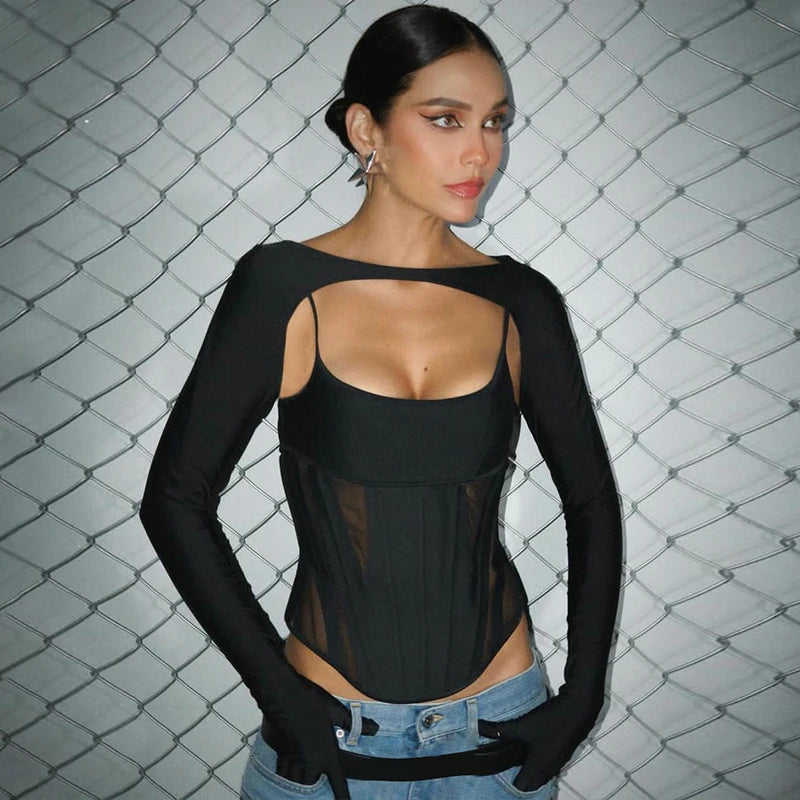 2 Piece Sets Black Long Sleeve Gloves Bodysuit