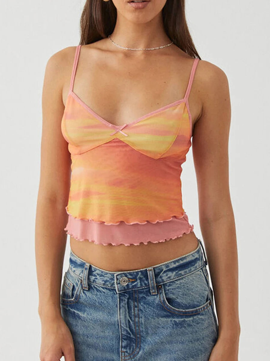 BC Y2K Mesh Graphic Cami Top Bow Ruffle Hem Strap Sleeveless V Neck Crop Top