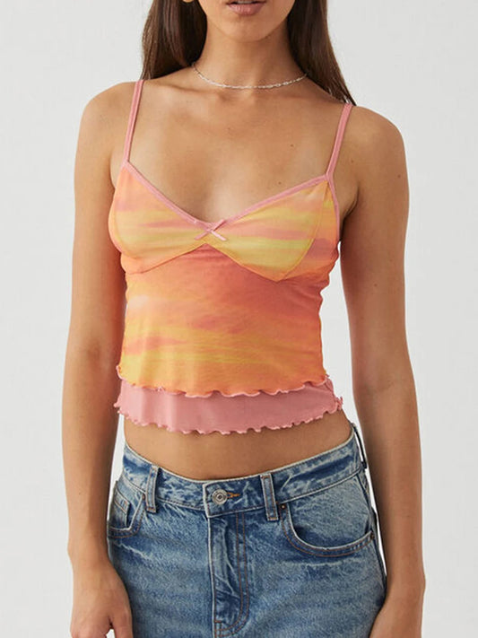 BC Y2K Mesh Graphic Cami Top Bow Ruffle Hem Strap Sleeveless V Neck Crop Top