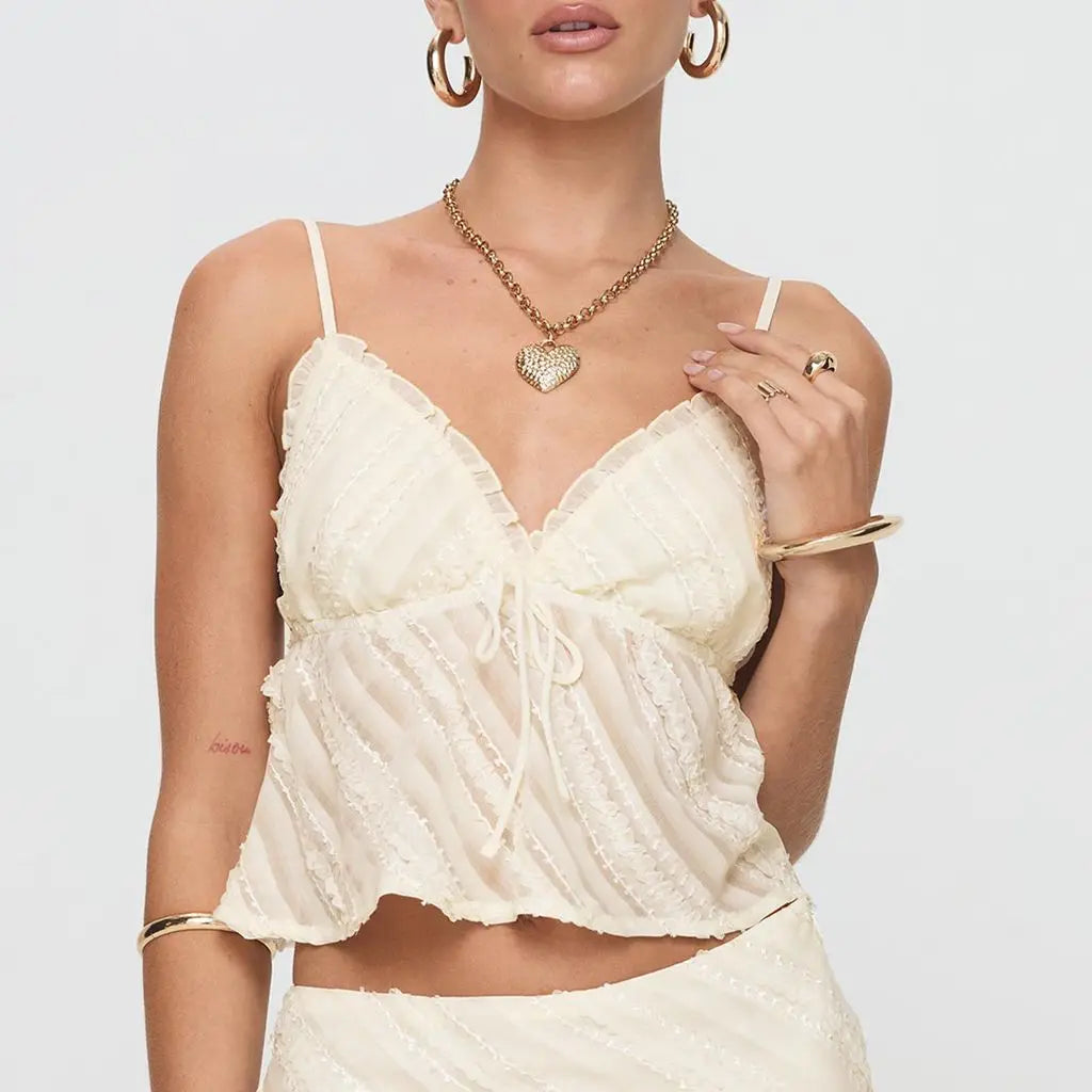 Saki Y2K See-through Ruffled V-Neck Bow Tied Shoulder Backless Crop Top Cami