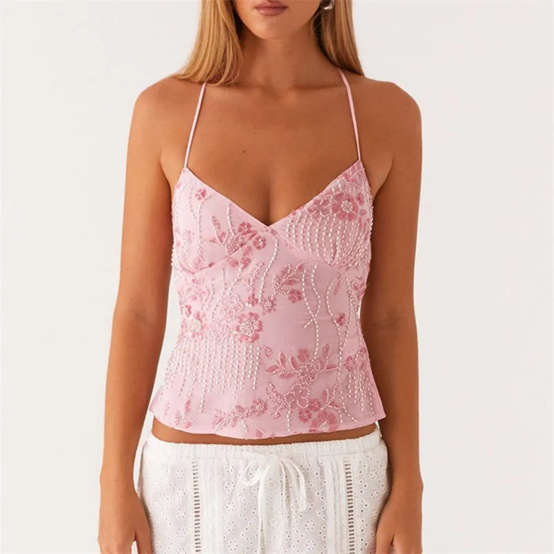Summi Y2k Sequin Halter Crop Tops Pearl  Glitter V Neck Rhinestone