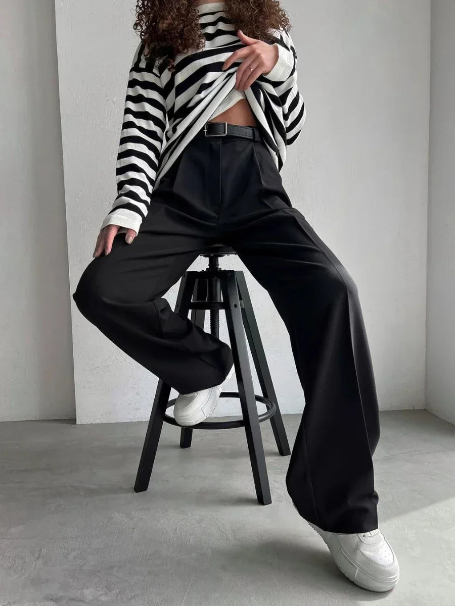 Wolf Full Length Trousers High Waist Pants Pockets Pleated Wide Leg