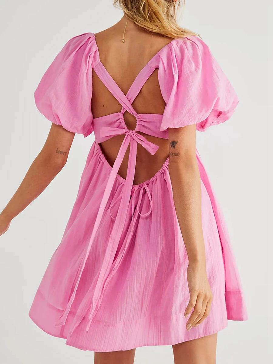 Barb Y2k Puff Sleeve Short Dress Square Neck Tie Back Mini Dress