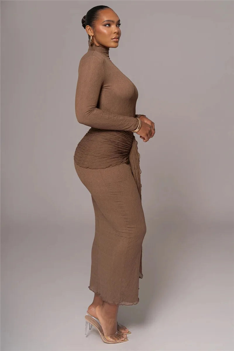 MUA Elegant Long Sleeve Drape Turtleneck Ruched Long Dress