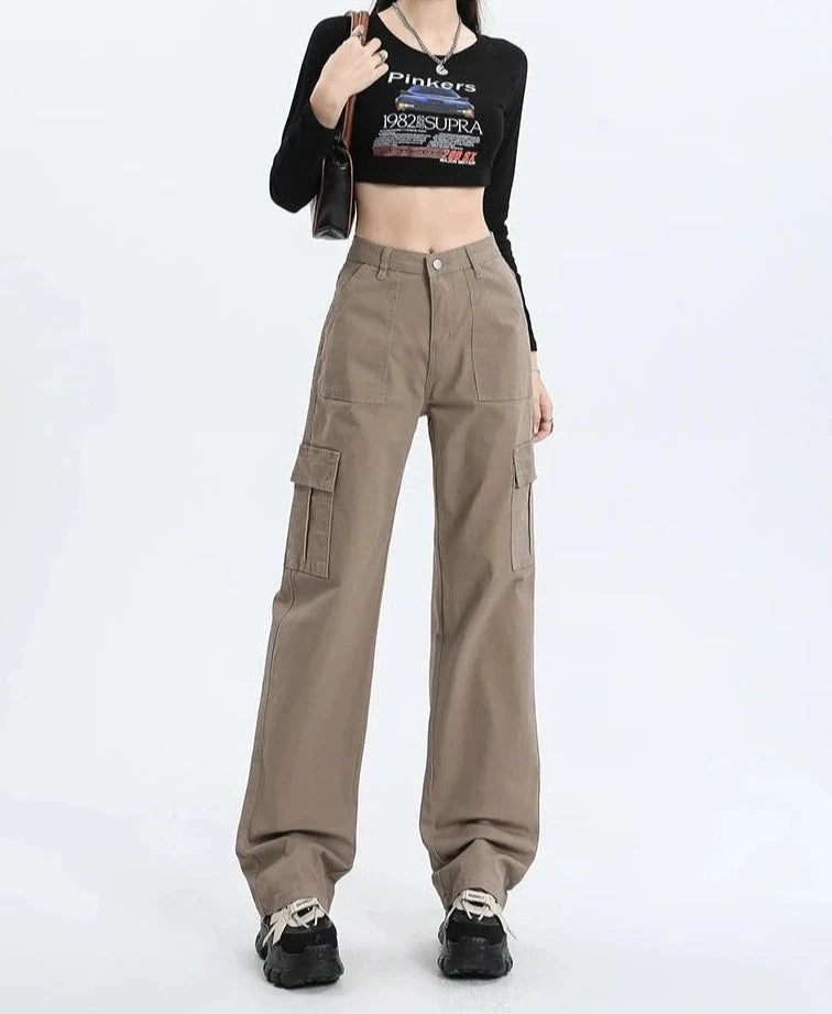 Cargo Straight Leg High Waist Pocket Trousers