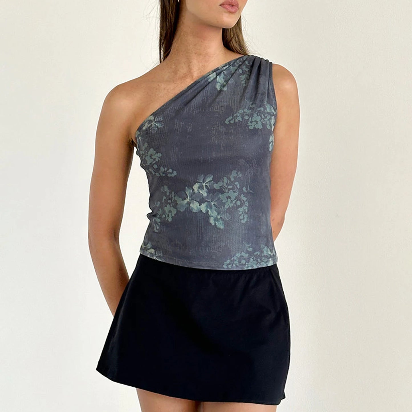 Y2K Vintage Tank Tops Sleeveless Ruched One Shoulder Aesthetic Flower