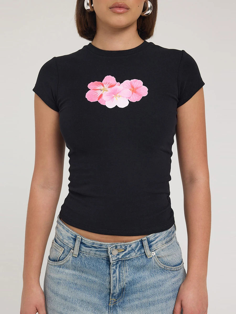 Lala Y2K Cropped Tee Tops Short Sleeve Crewneck Aesthetic Flower T-Shirt