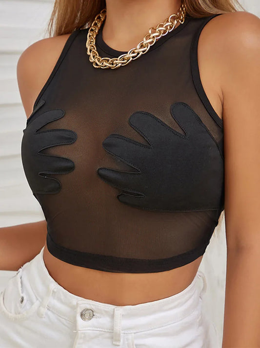 Mesh Round Neck Sleeveless Crop Top