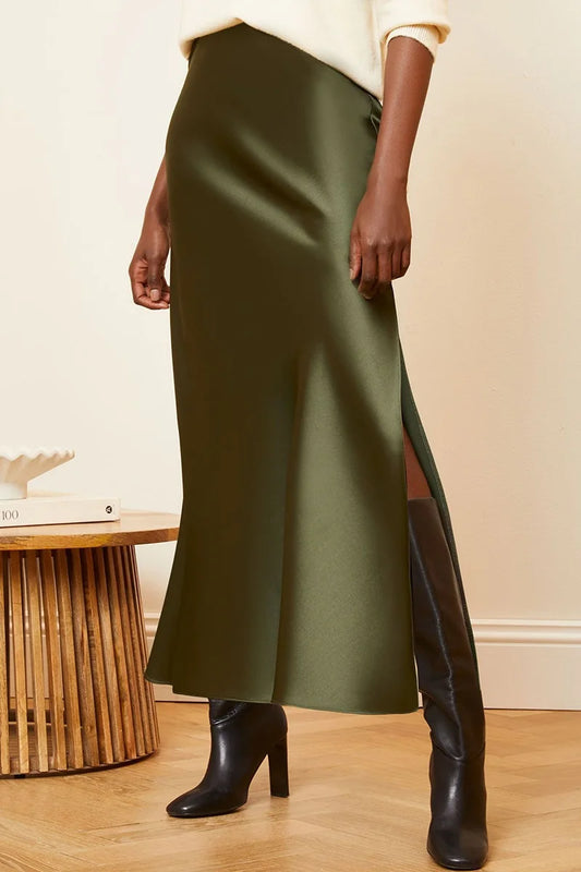 Long Satin Skirt For Women Summer High Quality Skirt With Slit On The Side Silk Elegant Black Maxi Luxury Women's Skirts 2024
