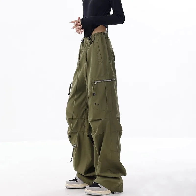 Wide Leg Cargo Pants Drawstring Parachute Trousers