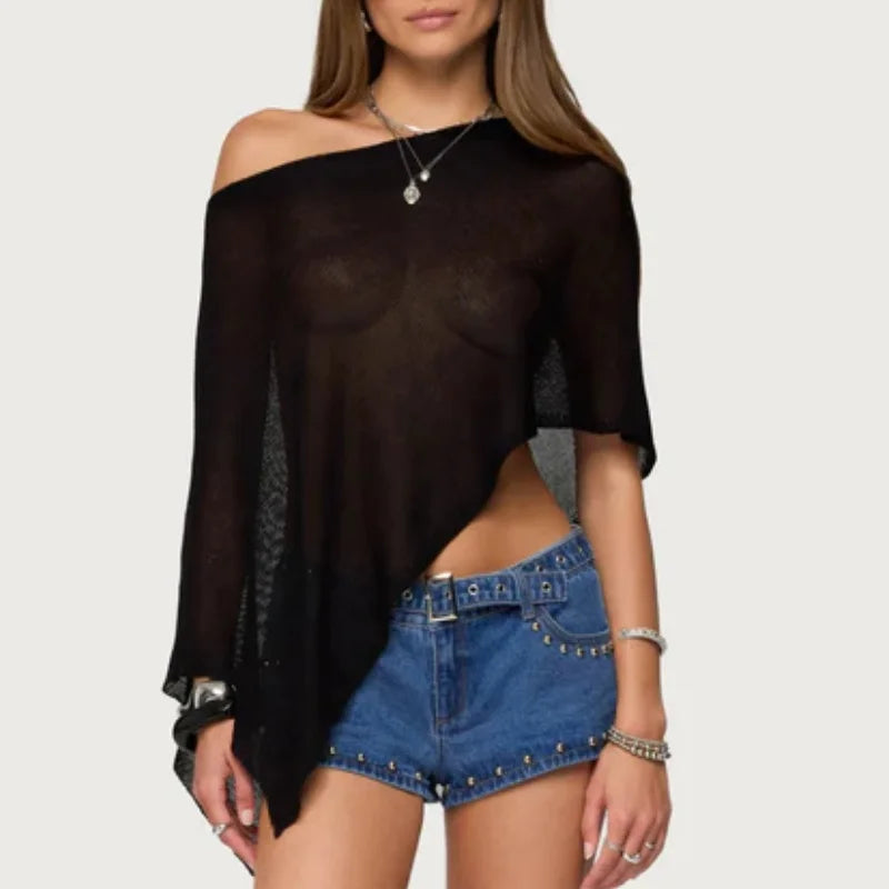 Lora Sheer Poncho Top Lightweight Knit Mesh